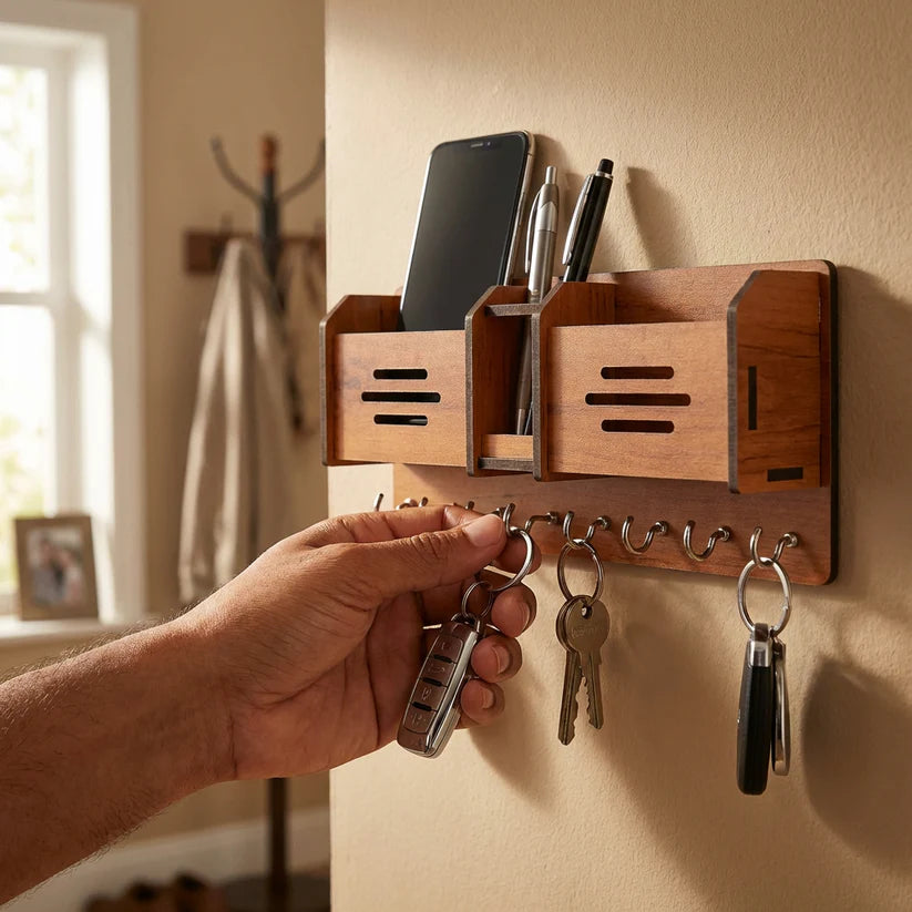 Wooden Wall-Mounted Key & Mobile Holder