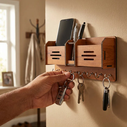 Wooden Wall-Mounted Key & Mobile Holder