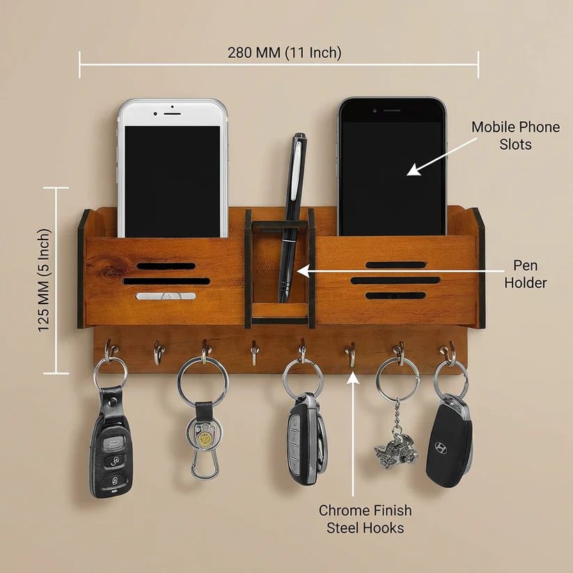 Wooden Wall-Mounted Key & Mobile Holder