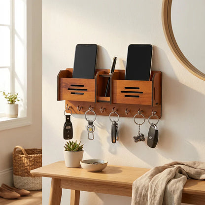 Wooden Wall-Mounted Key & Mobile Holder