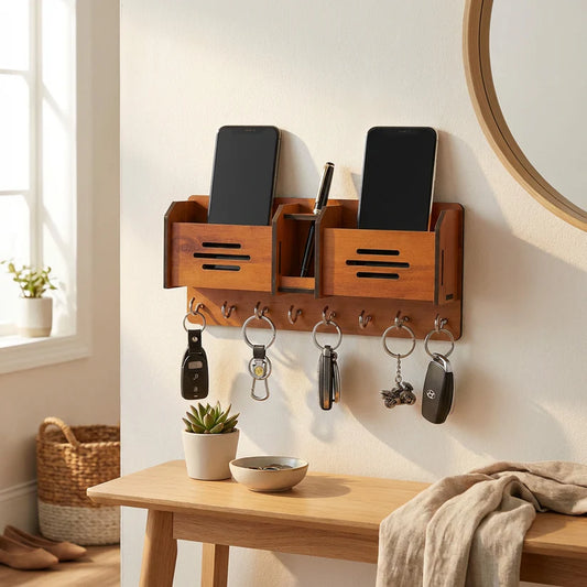 Wooden Wall-Mounted Key & Mobile Holder