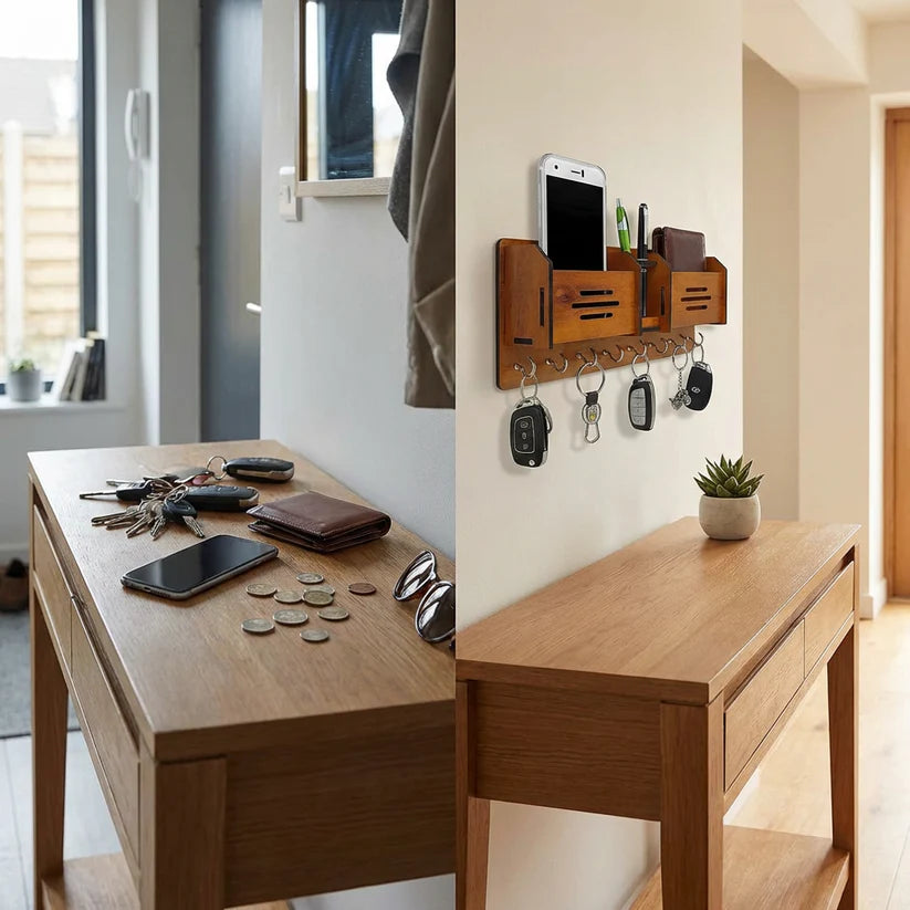 Wooden Wall-Mounted Key & Mobile Holder